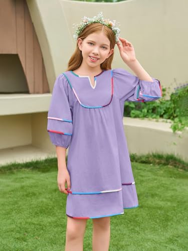 Haloumoning Girls 3/4 Lantern Sleeve Dress Kids Casual V Neck A-Line Flowy Dresses with Pockets 5-14 Years4