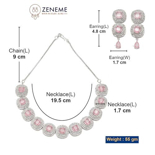 Image of ZENEME Rhodium Plated Silver Toned Triangular Shaped American Diamond Studded Jewellery Set For Women and Girl