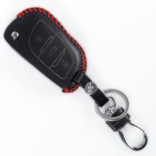Image of Leather Smart Car Key Cover Case with Metal Hook Keychain for KD Xhorse-After Market Assembled Flip Key (Black)