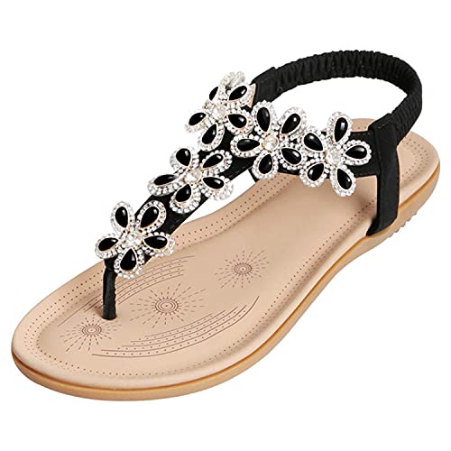 SANMIO Damen Sandals Bohemian Strass Flach Sandaletten PU Leder Zehentrenner, Schwarz-a, Gr.- 38 EU Cover