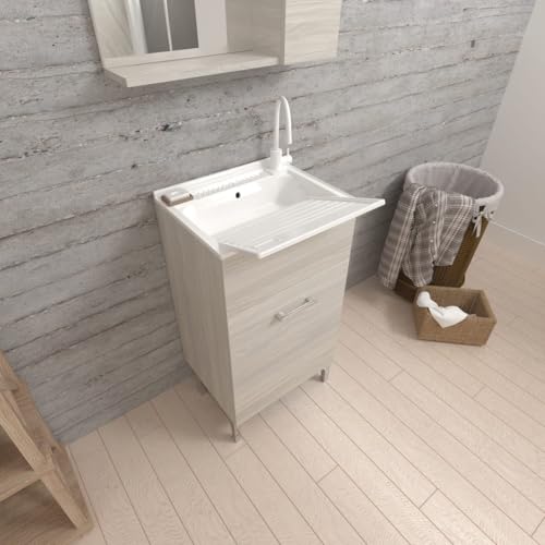 Kiamami Valentina - Lavadero 45 cm con 1 puerta efecto madera gris y lavabo con tabla extraíble | Pratico