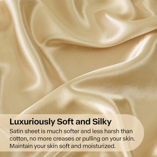 BEDELITE Satin Fitted Sheet and Pillowcase Set, Luxury Soft Similar to Silk Bottom Bedsheet with Elastic Corner Straps, Deep Pocket up to 15 Inch, 1 Fitted Sheet and 1 Pillowcase(Twin, Champagne)