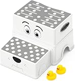 UNCLE WU 2 Step Stool for Kids & Toddlers - Anti-Slip Potty Training Stool for Bathroom Sink, Toilet & Kitchen, 150 lbs Capacity, Lightweight & Sturdy (Grey)