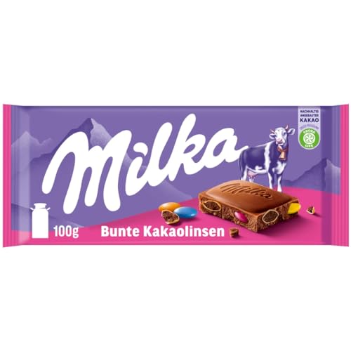 Milka Schokolade mit bunten Kakaolinsen – Alpenmilch-Schokolade mit knackigen Schoko-Linsen – 100g