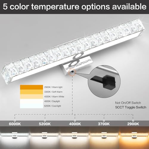 Image of SOLFART Crystal Bathroom Lighting Fixtures Over Mirror, 24 Inch Chrome LED Vanity Light, 5 Color Adjustable 5CCT