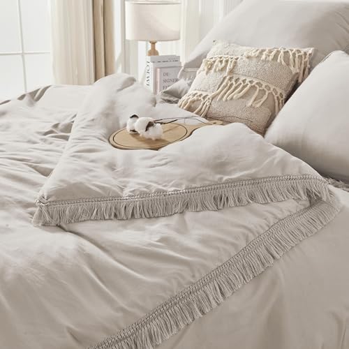 Image of Andency Full Size Comforter Set Heather Grey -7 Pieces Boho Tassel Bed in a Bag Soft Lightweight Bedding Sets, Fringe All Season Bed Set with Comforter, Sheets, Pillowcases & Shams