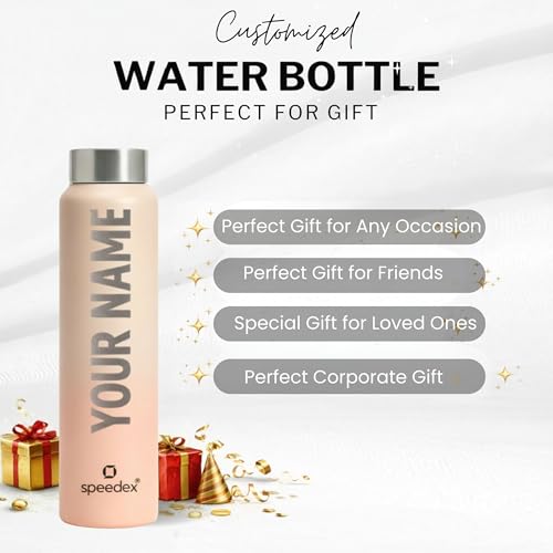 Image of Speedex Customised Engraved Name Stainless Steel Water Bottle 1 Ltr - Personalised Screw Cap Bottle for Kids, Men & Women, School, Office, Gym, Peach Orange, Set of 1