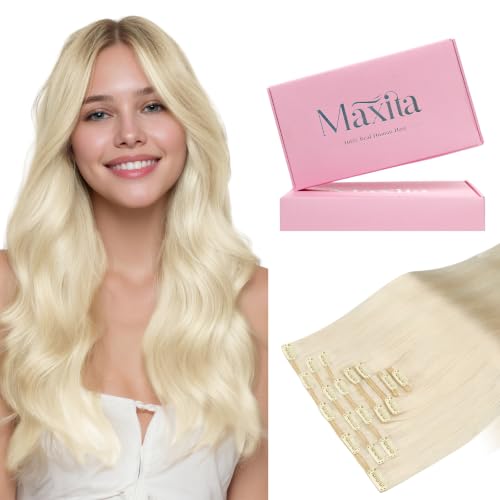 MAXITA Hair Extensions Real Human Hair, 7 pcs Platinum Blonde Hair Extensions 12 Inch 80g, Clip in Human Hair Extensions Remy Clip in Hair Extensions Natural Straight Hair for Woman