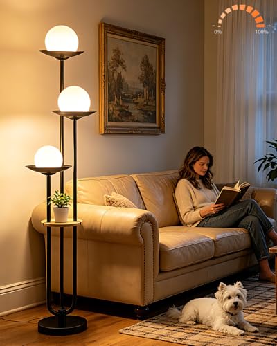 Image of Lightdot 3-Globe Dimmable Floor Lamp with Table Modern Floor Lamps with 5Lbs Heavy Base for Wedding /Party 3000K Warm White Bulbs Included Black Standing Lamp for Living Room /Bedroom /Sofa Beside /Corner