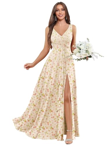 Image of BOLENSYE Long Floral Beige Bridesmaid Dresses for Wedding with Pockets A Line Ruched Chiffon Evening Gown Size4