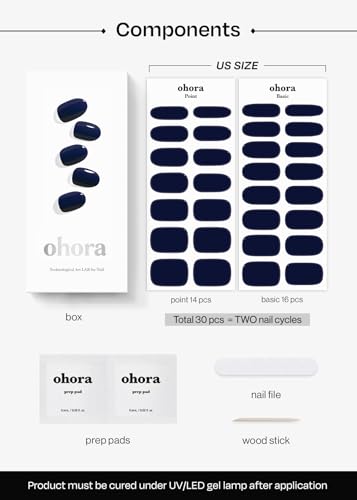 Image of ohora Semi Cured Gel Nail Strips (N Royal Navy) - Blue, Solid, Works with Any UV /LED Lamps, Salon-Quality, Long Lasting, Easy to Apply & Remove - Includes 2 Prep Pads, Nail File & Wooden Stick