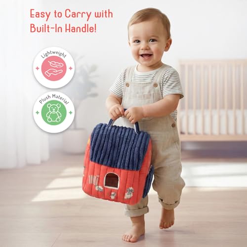 Image of Bonfino Premium Barn House Playset with Carry Handle for Kids, 7 Plush Animal Figurines, Educational Montessori Learning Toy for Toddlers, Soft Pretend Play Set, Birthday Gift for Boys & Girls