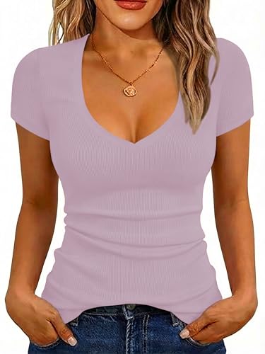 Image of Albe Rita Women Short Sleeve T-Shirt Cap V Neck Shirts for Women Ribbed Casual Top Knit Slim Fit for Summer