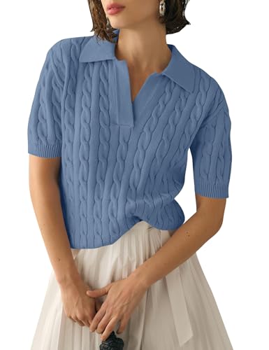 Image of Micoson Womens Short Sleeve Sweater Tops Lapel V Neck Polo Shirts 2026 Summer Cable Knit Loose Blouse Business Casual Outfits