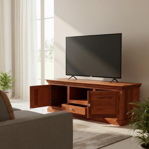 Image of APRODZ Sheesham Wood Tv Unit Cabinet with Shelves and one Drawer (Sheesham - Honey)