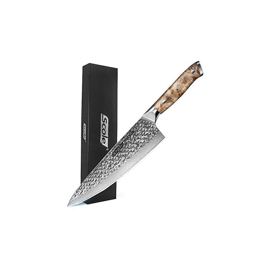 SCOLE® Chef Knife, 8 Inch Japanese Chefs Knife Damascus, Kitchen Knife with Figured Maple Wood Handle, VG-10 Steel Core, Gift Box for Family & Restaurant