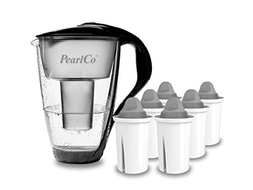 PearlCo - Filtro de agua de vidrio (negro) con 6 cartuchos de filtro Protect+ classic - adecuado para Brita Classic Cover