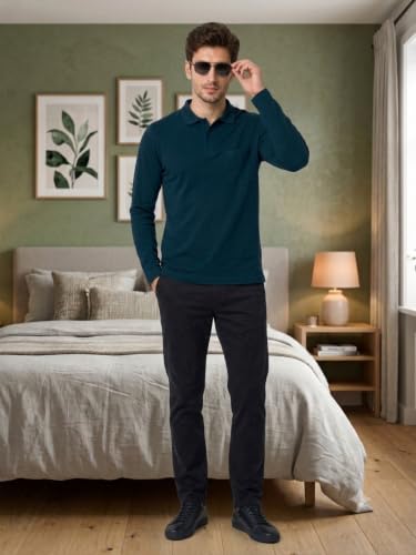 Image of CAMEY Men's Plain Solid Long Sleeve Polo T-Shirt | Regular Fit | Collared Casual Cotton Blend Tee with Chest Pocket | Everyday Comfort Wear