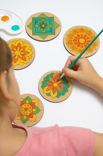 Image of DIY Mandala Art Wooden Coaster Set - Pack of 6 with Stand | Size- 4 inch | Pre-Marked for Painting | Fun Craft Kit for Kids & Adults | Ideal for Art, Gifts & Home Decor (DIY Cost 002)