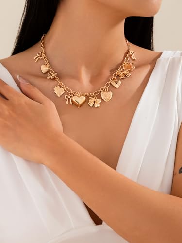 Gold Heart Charm Necklaces for Women Trendy Chunky Puffy Heart Choker Charms Necklace With Different Heart and Bow Fashion Jewelry Gift3