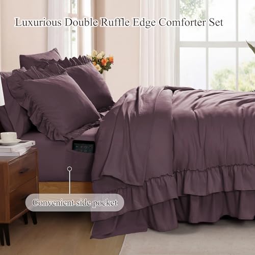 Image of Twin XL Comforter Set Dark Purple Ruffle 5 Pieces Bed in a Bag for Dorm | Farmhouse Shabby Chic Fluffy Bedding Sets with Sheets, Pillowcase & Sham