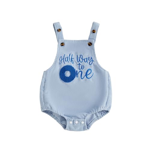 KMBANGI Baby Boy Girl Half Way to One Outfit Sleeveless Embroidered Birthday Overalls Romper Corduroy Onesie Cake Smash Gift