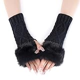 [雲見] アームウォーマー レディース 秋冬 2枚セット ニット 手袋 【ふわふわ毛むくじゃらの・防寒保温・スマホ操作】 手首 温める 可愛い 冷え対策 親指穴付き 柔らかくて肌に優しい 伸縮性 手首ウォーマー ファッション (ブラック)