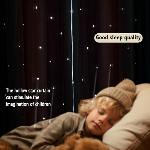Image of indistar Colourful Stripe Star Cut-Out Blackout Curtains for Bedroom,2 Layers Mix Design of Fabric & Tulle,Pretty Window Curtain for Kids Room 1 Panel (W52 x L63 Purple Pink Blue)