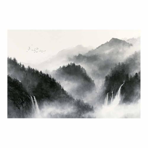 Toile cascade de la montagne brumeuse impression d'art noir et blanc