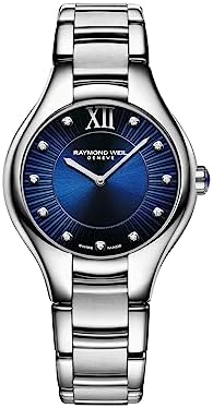 RAYMOND WEIL Noemia Women&#39;s Watch, Quartz, Blue Dial, Roman Numerals with Diamonds, Stainless Steel, 32 mm (Model: 5132-ST-50181)