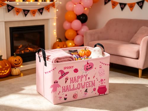 Image of Sanjiaofeng Rectangular Pink Halloween Ghost Storage Basket,Waterproof Foldable Storage Baskets,Trick or Treat Halloween Basket,Halloweens Party Candy Gift Baskets(Pink Ghost)
