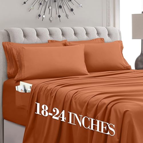 Image of Mocassi Luxury 6-Piece Sheet Set, Ultra Soft 1800 Premium Hotel Quality Microfiber Sheet Set, Fits Mattresses Up to 18 to 24 Inches Extra Deep Pocket - Breathable and Secure Fit, Cal King, Coral
