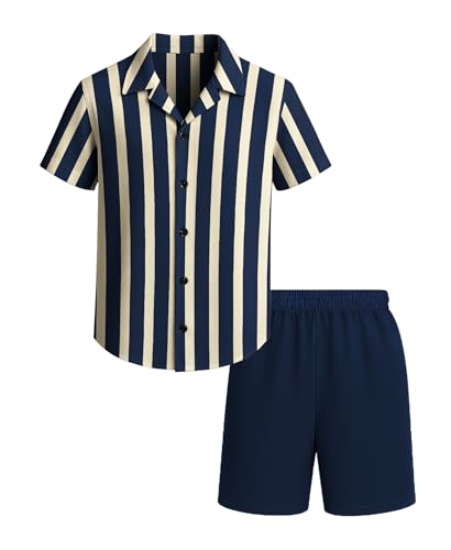 Image of Weecreeture Boys Summer 2 Piece Outfits - Short Sleeve Button Down Shirt & Shorts Set - Navy Blue Beige Striped for 13-14 Years