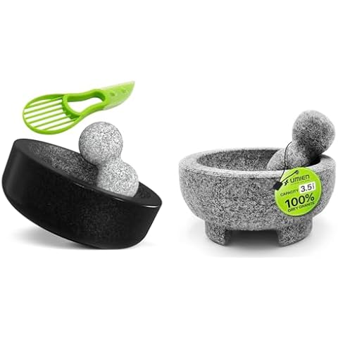 2 Mortar and Pestle Set - Guacamole Bowl Molcajete Mexicano 3.5 Cups - Natural Stone Grinder for Spices, Seasonings, Pastes, Pestos and Guacamole - Extra Bonus Avocado Tool Cover