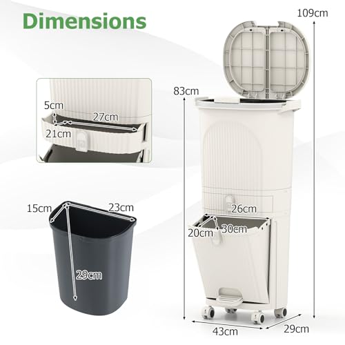 Caneca de basura beige con 3 compartimentos y ruedas 42 L miniatura 6