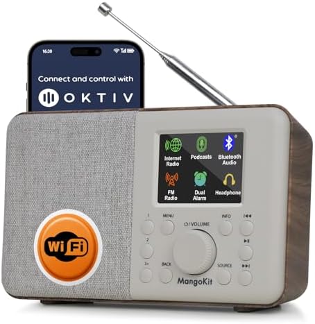 SR10 WiFi Internet Radio,Podcast Player, Bluetooth Speaker, Portable FM Radio, Mains and Battery Powered Radio, Color Display,Dual Alarms, Presets,App Control-Walnut
