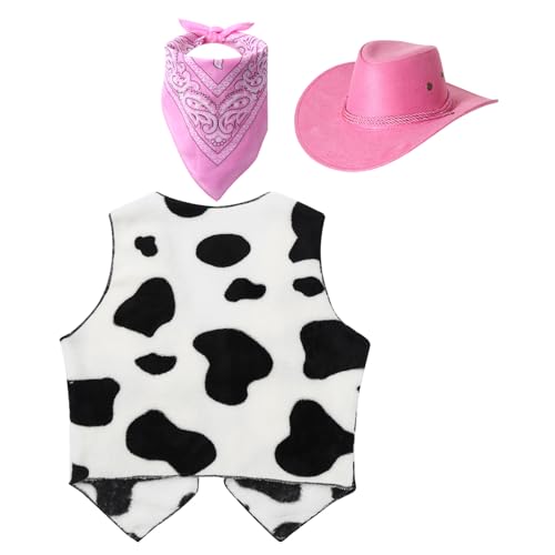 Sxiwei Kids Boys Girls Halloween Party Clubwear Cow Print Vest Waistcoat Tops with Bandana Hats Set2