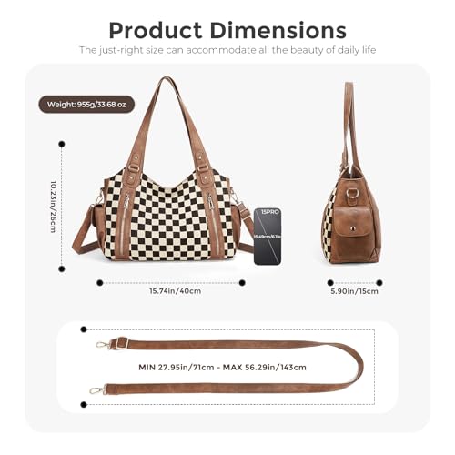 Image of hibear Checkered Hobo Bag for Women City Tote Handbag Trendy Slouchy Crossbody Bag Canvas Vintage Shoulder Bag 2026 New