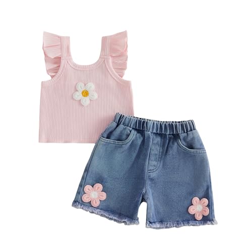 BeliBacca Toddler Baby Girl Summer Outfits Flower Flying Sleeve Ruffle Ribbed Knit Tank Top Denim Shorts Set 2 Pieces Kids Girl Summer Clothes (Pink, 2-3T)