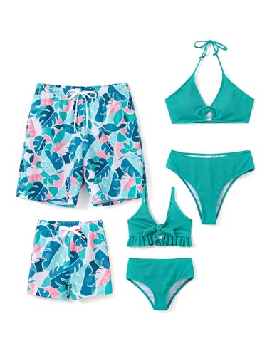 PATPAT Family Matching Summer Swimsuits: Father and Son Matching Swim Trunks Tropical Plant Floral Print Matching Bathing Suits - Mint Green, Boys, 8-9 Years