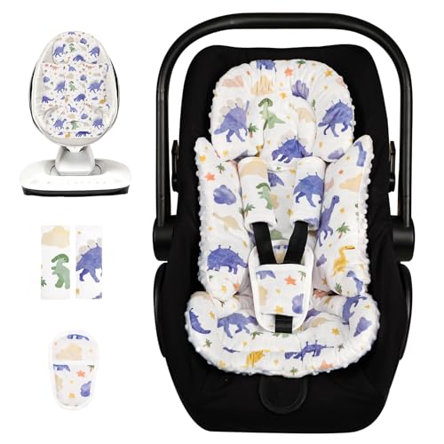 Image of Infant Car Seat Insert with 3 Strap Covers, Soft Car Seat Head Support for Baby Girls, Plush Fabric Newborn Insert for carseat, Strollers, Swings, Bouncer, Dinosaur