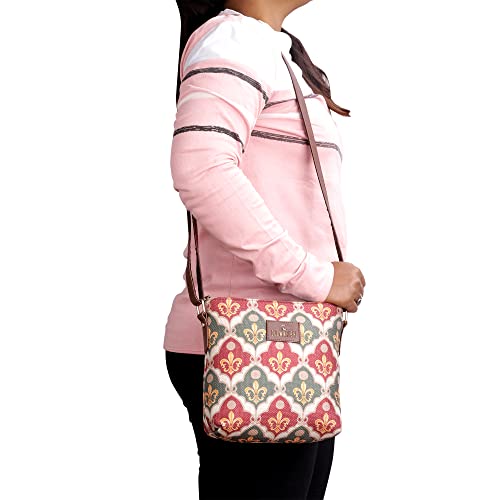 Image of THE CLOWNFISH Aahna Printed Handicraft Fabric Crossbody Sling bag for Women Casual Party Bag Purse with Adjustable Shoulder Strap for Ladies College Girls (Pink-Rangoli Design)