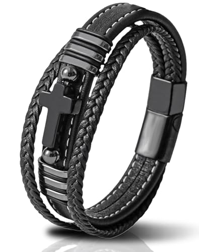 Mens Cuff Cross Bracelets - Stainless Steel Christian for Men - Black Multilayer Leather Religious Punk Jewelry