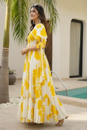 Image of Women Floral Printed Tiered Maxi Dress with Puff Sleeves, Empire Waist, Tie-Up Detail, Flared Long Dress for Casual Wear, Summer Outings, Vacation & Resort Wear - Causal Gown for Women