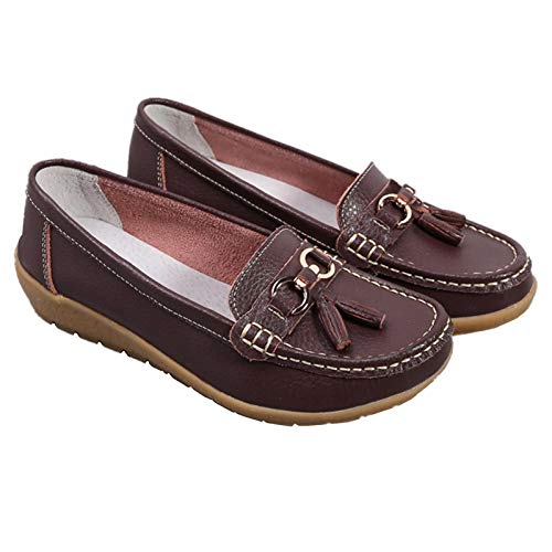 Image of Women Loafers Leather Rubber Sole Slip On Walking Flats Casual Moccasin Boat Shoes