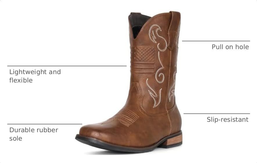 Image of IUV Cowboy Boots For Men Western Boot Classic American Flag Embroidered Square Toe Mid-Calf Boots