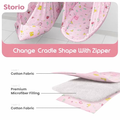 Image of Storio Baby Window Swing for Newborn (0-12 Months) | Hanging Baby Jhula with Mosquito Net, Spring & Metal Window Hanger | Polycotton Palna Thottil | Indoor Window Cradle Sleeping Set - Pink