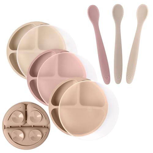 Image of WeeSprout 3 Suction Plates with Lids & 3 Soft-Tip Spoons Bundle - Complete Mealtime Set - Silicone Baby Dinnerware - Divided Toddler Plates - Microwave & Dishwasher Safe