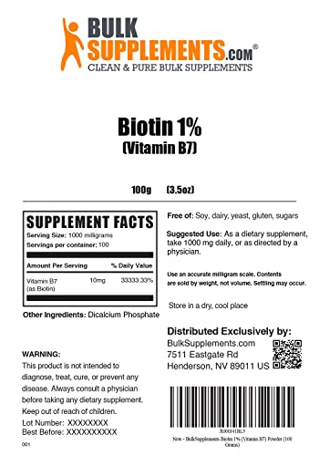 Bulksupplements.com Biotin 10000Mcg Powder (Vitamin B7) - Biotin Supplement For Hair, Skin And Nails - Unflavored & Gluten Free - 10 Mg Biotin Per Serving (100 Grams - 3.5 Oz) #TOP1