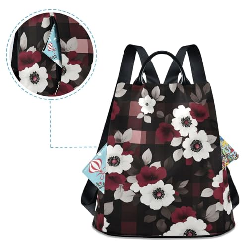 KLL Red and Blue Flower Squares Fashion backpack for teens Anti-theft college backpacks for women for Travel, Work, Everyday with Pom-pom keychain4